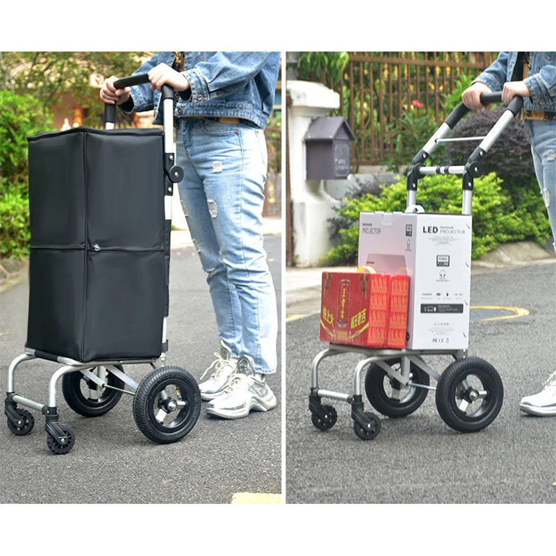 Portable Shopping Bag Luggage Cart Large Capacity Folding Grocery Trolley with 20cm Inflatable Rubber Big Wheels Bearing 50kg