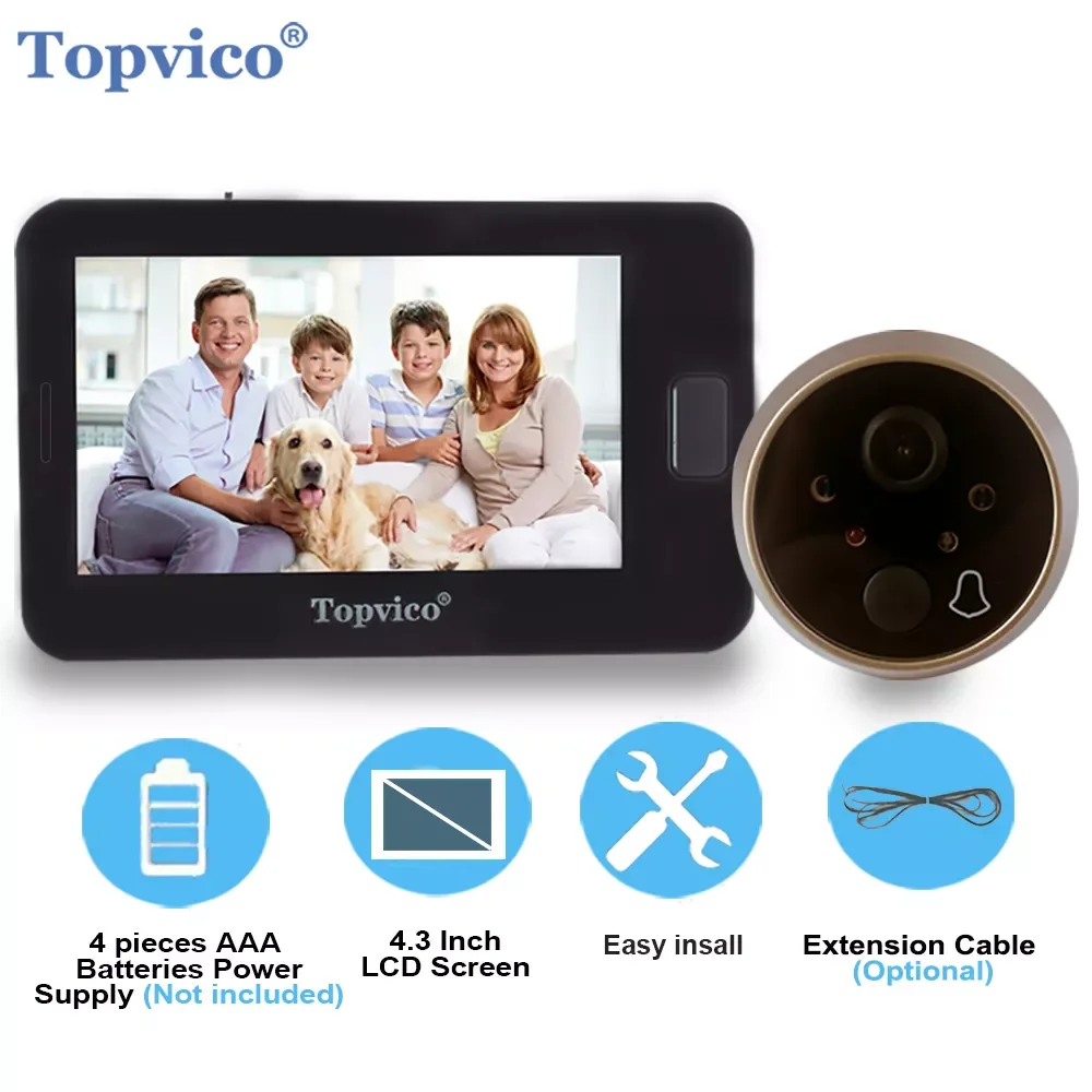 

Topvico Peephole Door Camera 4.3 Inch Color Screen With Electronic Doorbell LED Lights Video Door Viewer Video-eye Home Security
