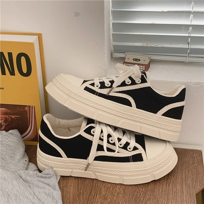 

Japanese Platform Canvas Sneakers Women 2022 Autumn New Low Top Sports Vulcanized Shoes Vintage Harajuku Chunky Balck Shoes