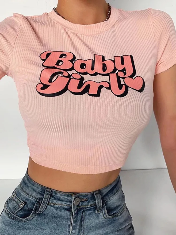 

2022 summer new baby girl printed navel casual girl T-shirt women футболка оверсайз y2k grunge clothes roupa feminina emo pink