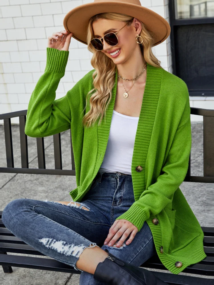 

Women Cardigans Single Breasted S V-neck Elegant Solid Simplicity Knitted Sweater Casual Long Sleeve Outerwear Coats New