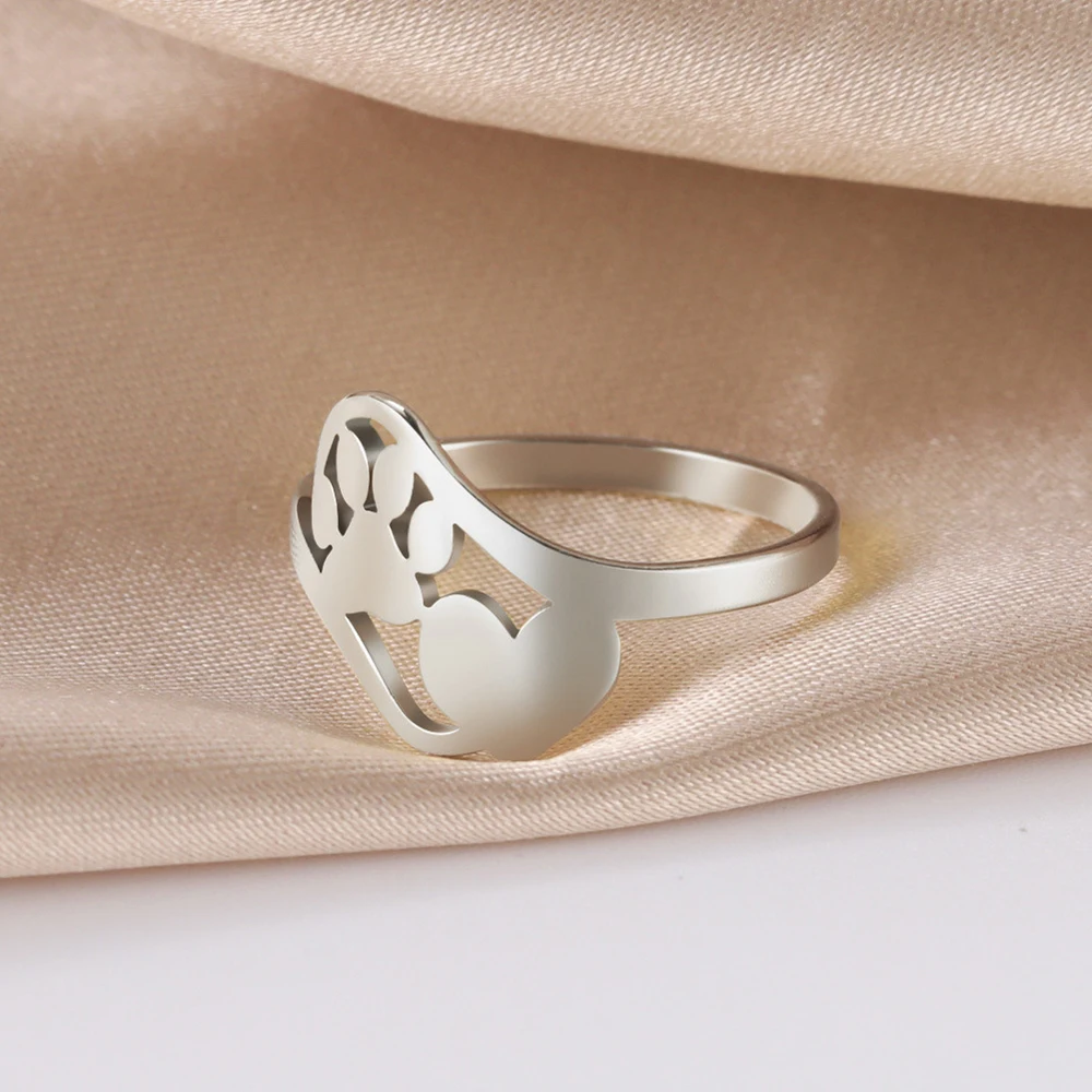 

Statement Design Stainless Steel Ring Cute Cat Dog Paw Print Love Heart Simple Fashion Men's and Women's Rings Wedding Jewelry