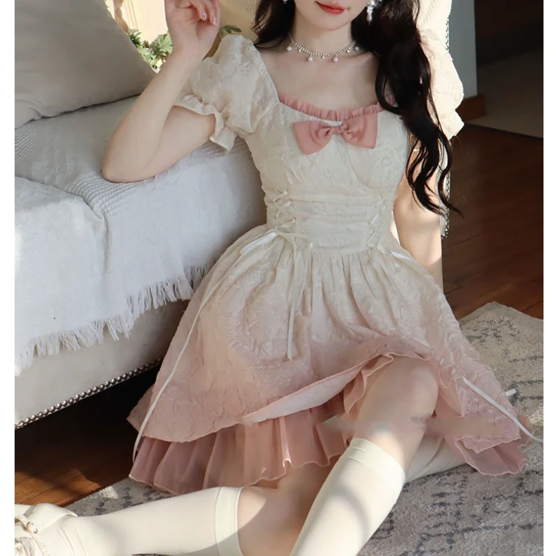 

Strawberry custard sweet gradient square neck high waist short sleeve dress women's spring 2023 new style