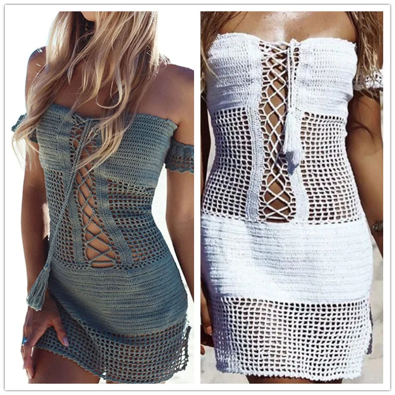 Women Fashion Bandage Hollow-Out Dress Crochet Bikini Cover-Up Boho One Piece Swimwear Sexy Swimsuit