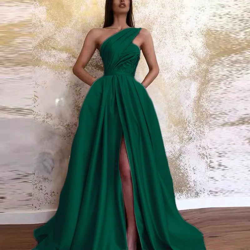 

Sexy One Shoulder Slit Cocktail Party Floor Length Dress Women Fashion Elegant Sleeveless High Waist Corset Long Evening Dress
