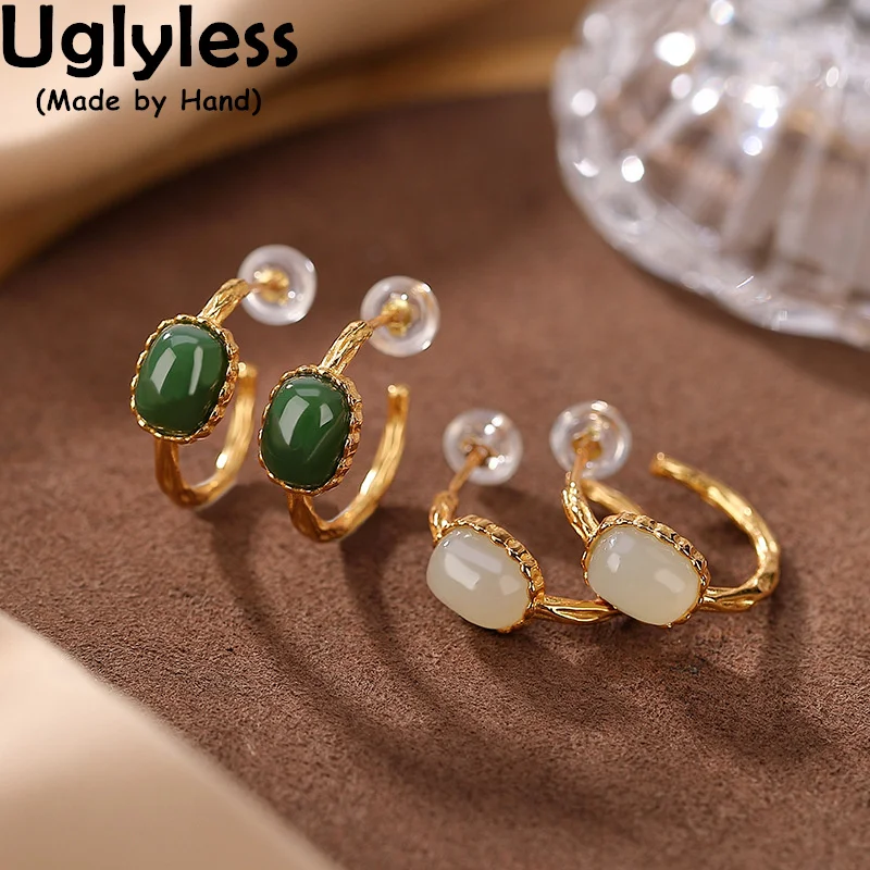 

Uglyless Blank Gemstones Hoops for Women Natural Hotan Jade Jasper Earrings Square Real 925 Sterling Silver Brincos Gold Jewelry