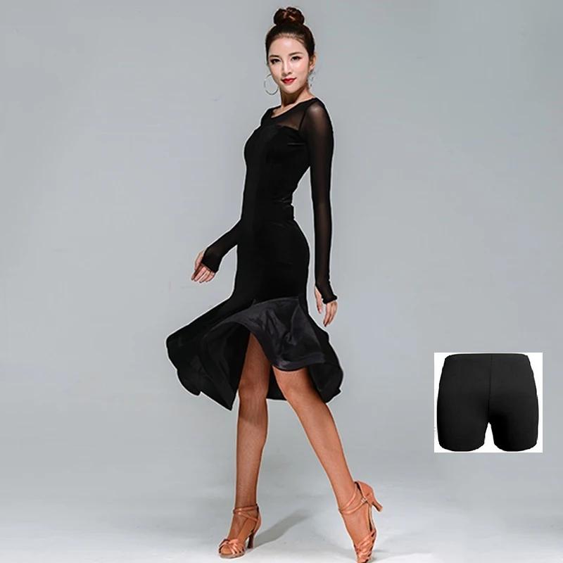 Платье для латинских танцев женское черное бархатное платье с длинными рукавами