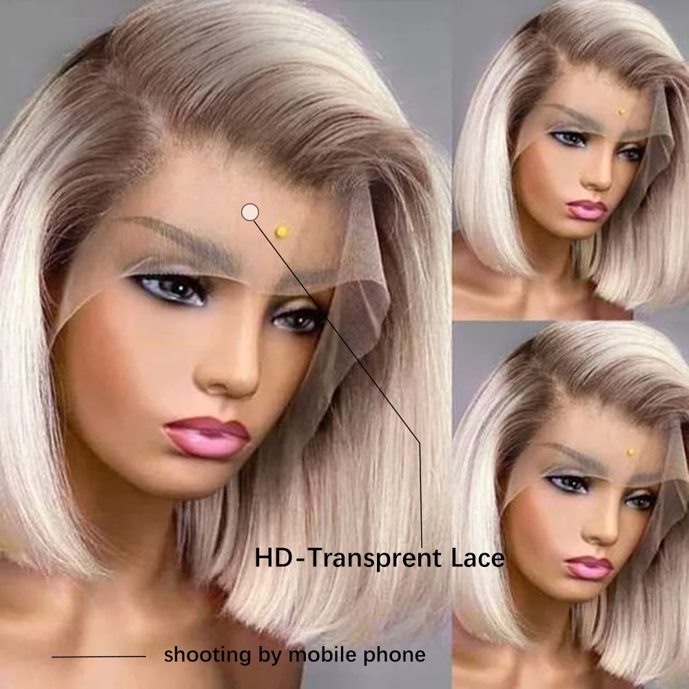 HAIRCUBE Ombre Brown Platinum Blonde Bob Human Hair Lace Front Wig Side Part Medium Long Lob Straight Remy Hair Wigs for Women