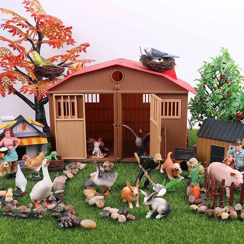 

Farm House Model Action Figures Farmer Motorcycle Cow Hen Pig Animals Set Figurine Miniature PVC Cute Educational Kids Toy