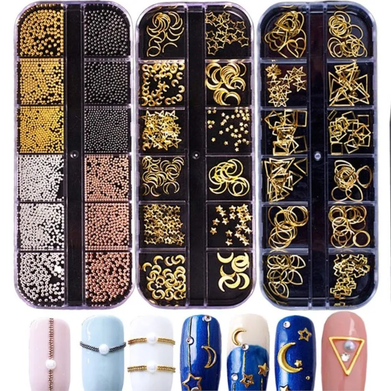 12Grids/Box 3D Nails Art Metal Charms Studs Jewels Nail Parts Micro Caviar Beads Star Moon Rivet Design Nail Supplies Decoration