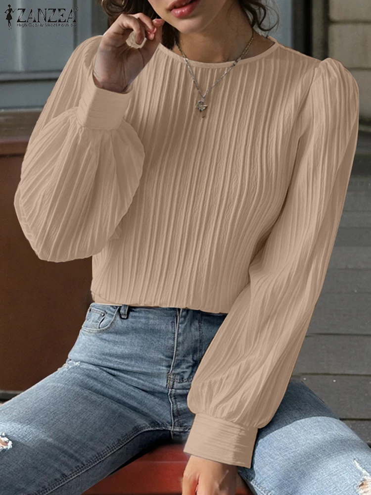 ZANZEA простые блузки из текстурированной ткани с круглым вырезом 2024 женские