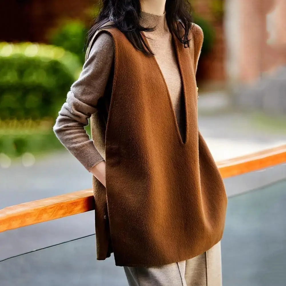 

Spring All-match Vintage Solid Color Sweater Vest Female Fashion Split Loose Korean Sleeveless V-Neck Jumpers Women's Clothing