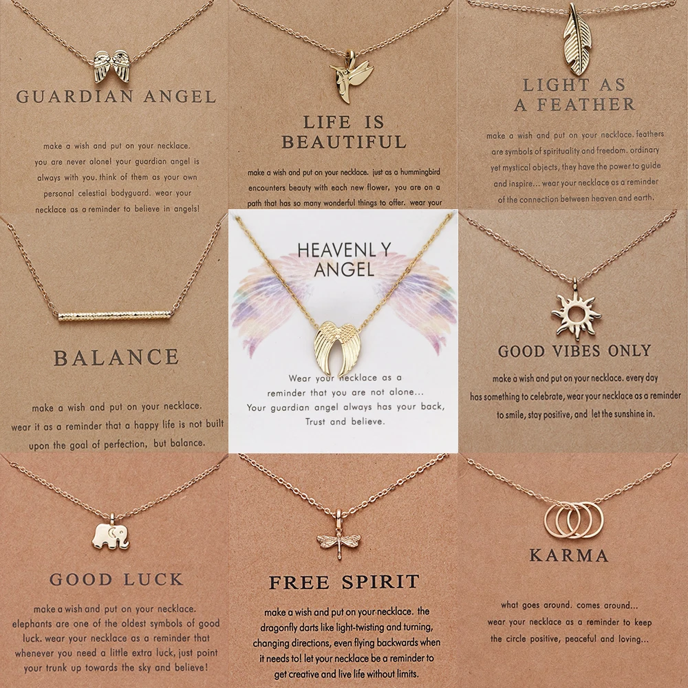 

Fashion Make A Wish Card Necklace Jewelry Gold Color Owl Feather Elephant Wing Unicorn Butterfly Heart Pendant Women Bijoux