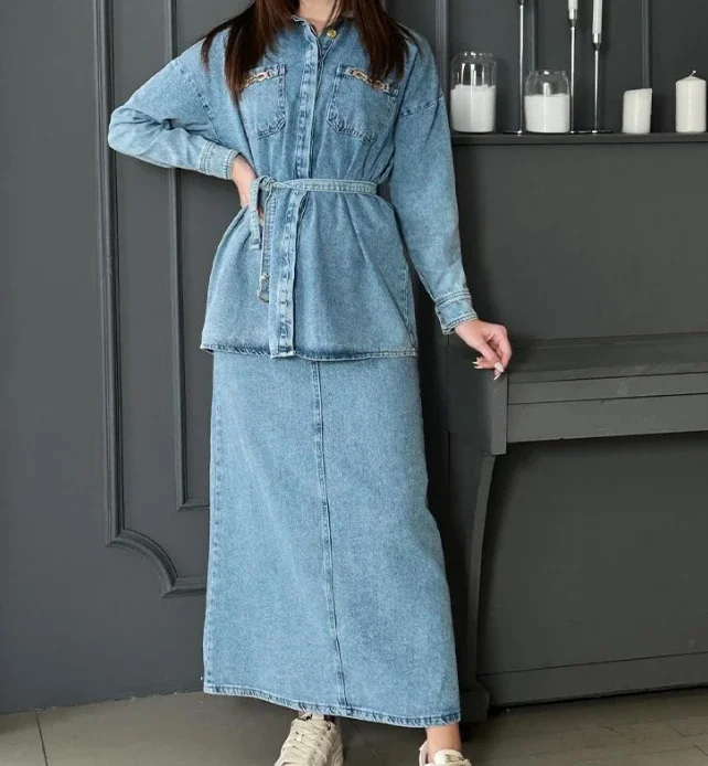 Осенний женский джинсовый Повседневный Топ с длинным рукавом и юбка женская