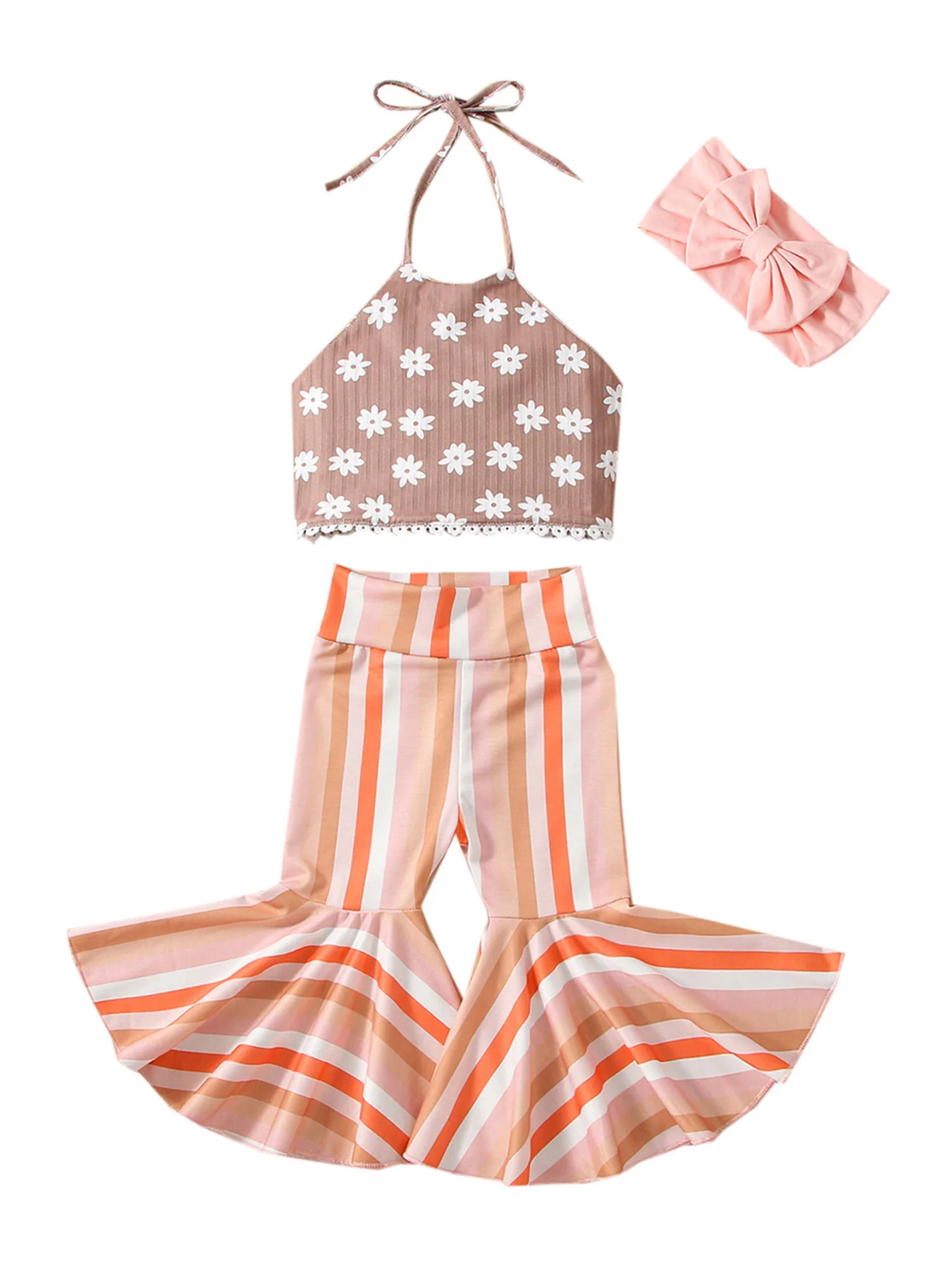 

Летний комплект одежды для маленьких девочек, жилет на бретелях с цветочным принтом + расклешенные брюки с полосатым принтом + повязка на голову с бантом