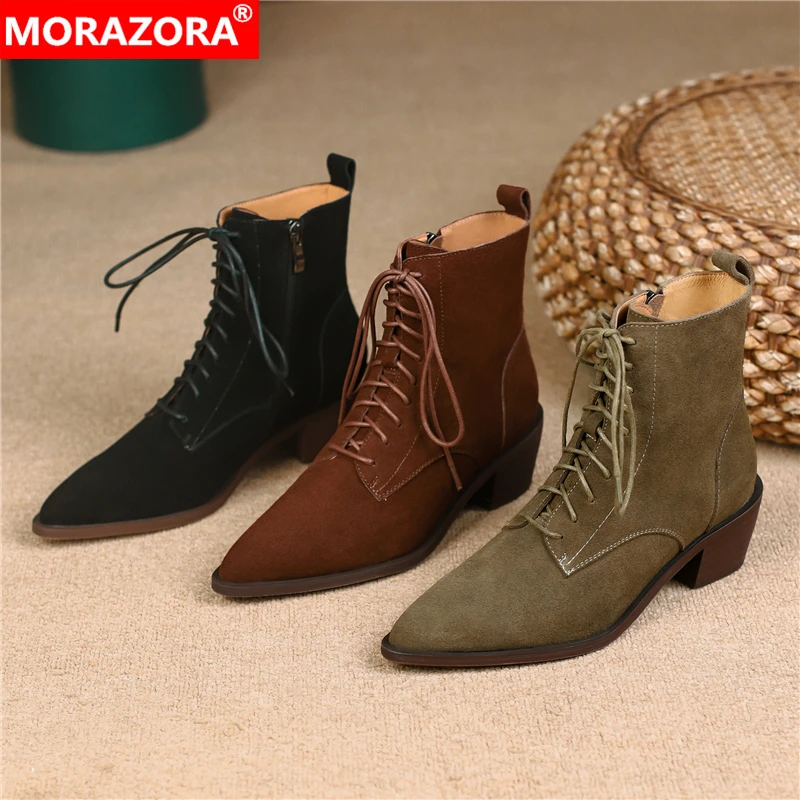 

MORAZORA Size 34-43 Cow Suede Leather Women's Ankle Boots Zipper Lace Up Pointed Toe Block Heel Western Boots Autumn Winter Shoe
