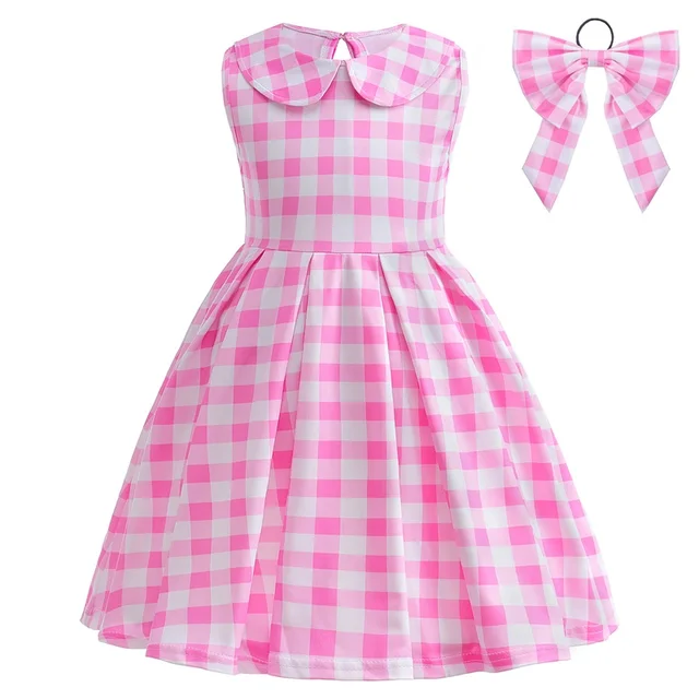 2023 Movie Barbi Theme Cosplay Costume for Girls Kids Clothes Pink Plaid Party Princess Dress Halloween Carnival Vestidos 3-10T 4