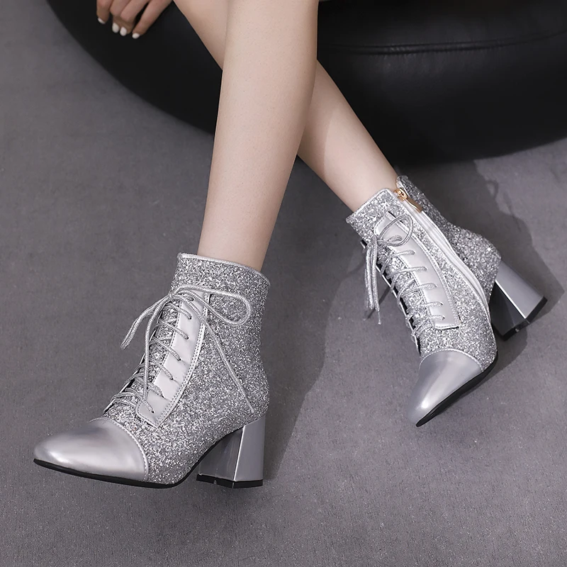 

【ENMAYER】 Glitter Sequin Material Patchwork with Glossy Patent Leather Fashion Short Boots Contrasting Lace Up Side Zipper Boots