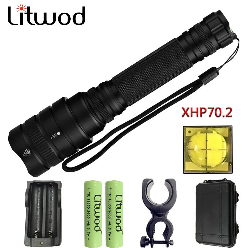 Litwod Super Bright XHP70.2 powerful LED Tactical flashlight Zoom Torch 40000lm 2*18650 Battery Lantern Lamp for Hiking Camping