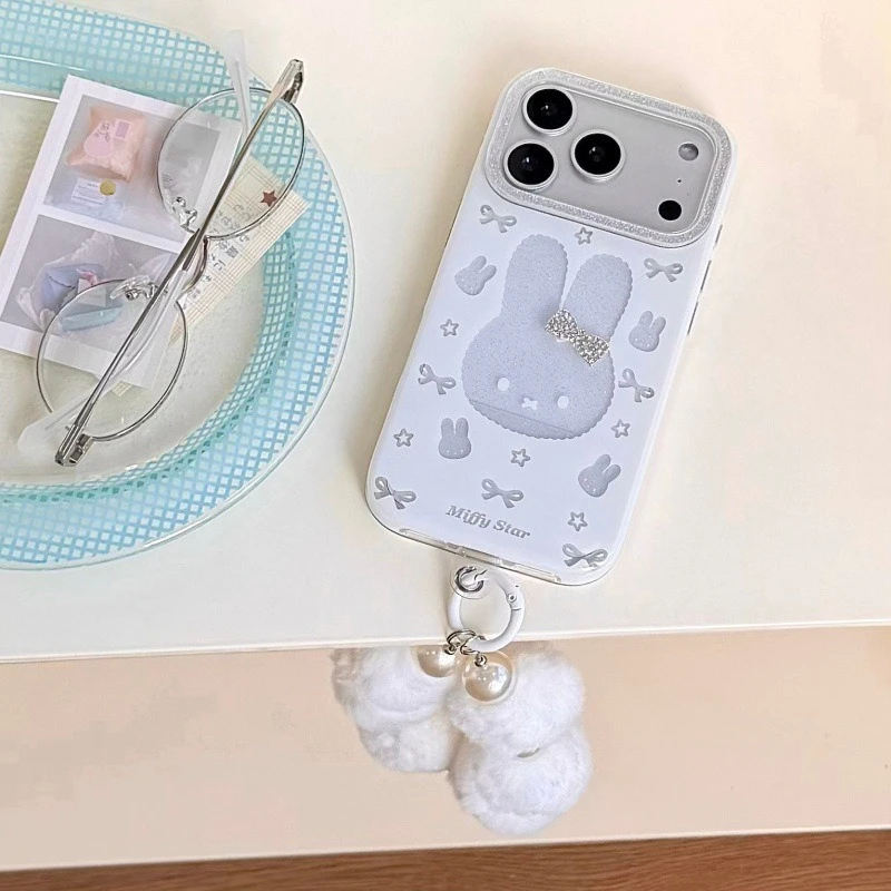 Фото Милый чехол Kawaii Miffy для iPhone 17/16 Pro Max 15/14 Plus 13/12 с блестками, стразами и бантом, противоударный, мягкий, для женщин №2