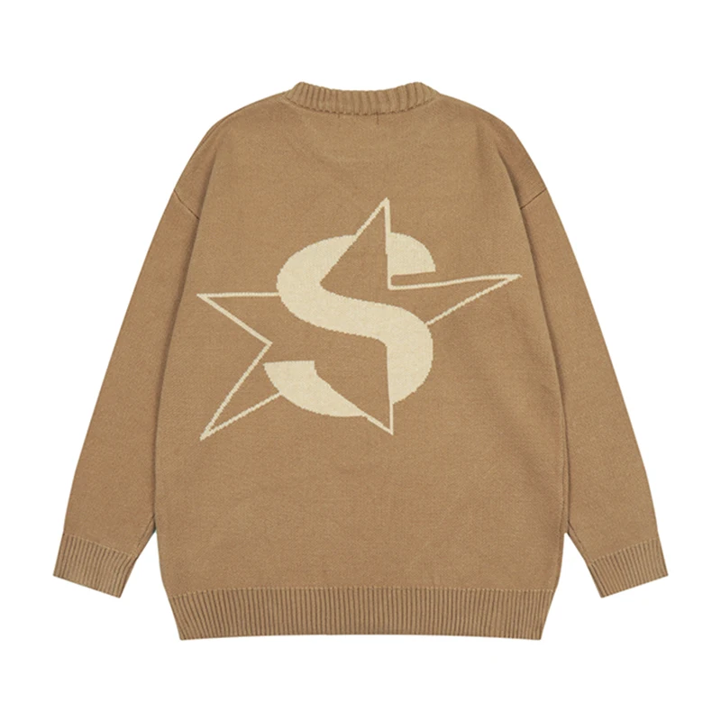 

High Street Letter and Stars Embroidery Round Neck Solid Color Men's Sweaters Autumn Retro Casual Hip Hop Oversized Pullover Top