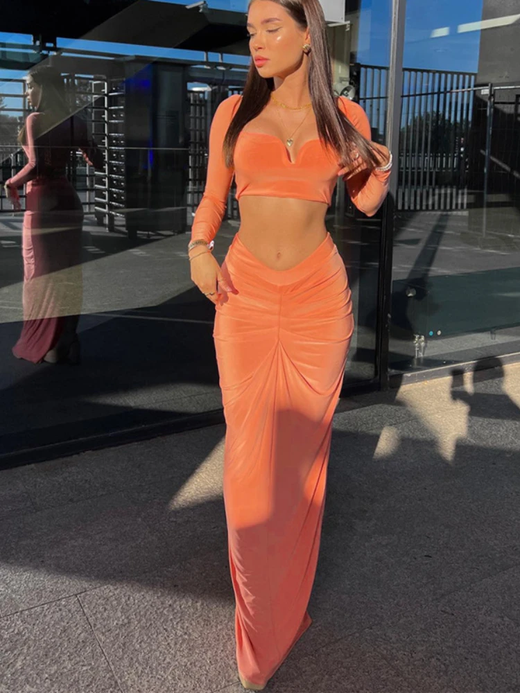 

Two Piece Dress Sets for Women 2023 Autumn Winter Full Sleeve Crop Top + Pleated Bodycon Skirt Female Orange Matching Outfits