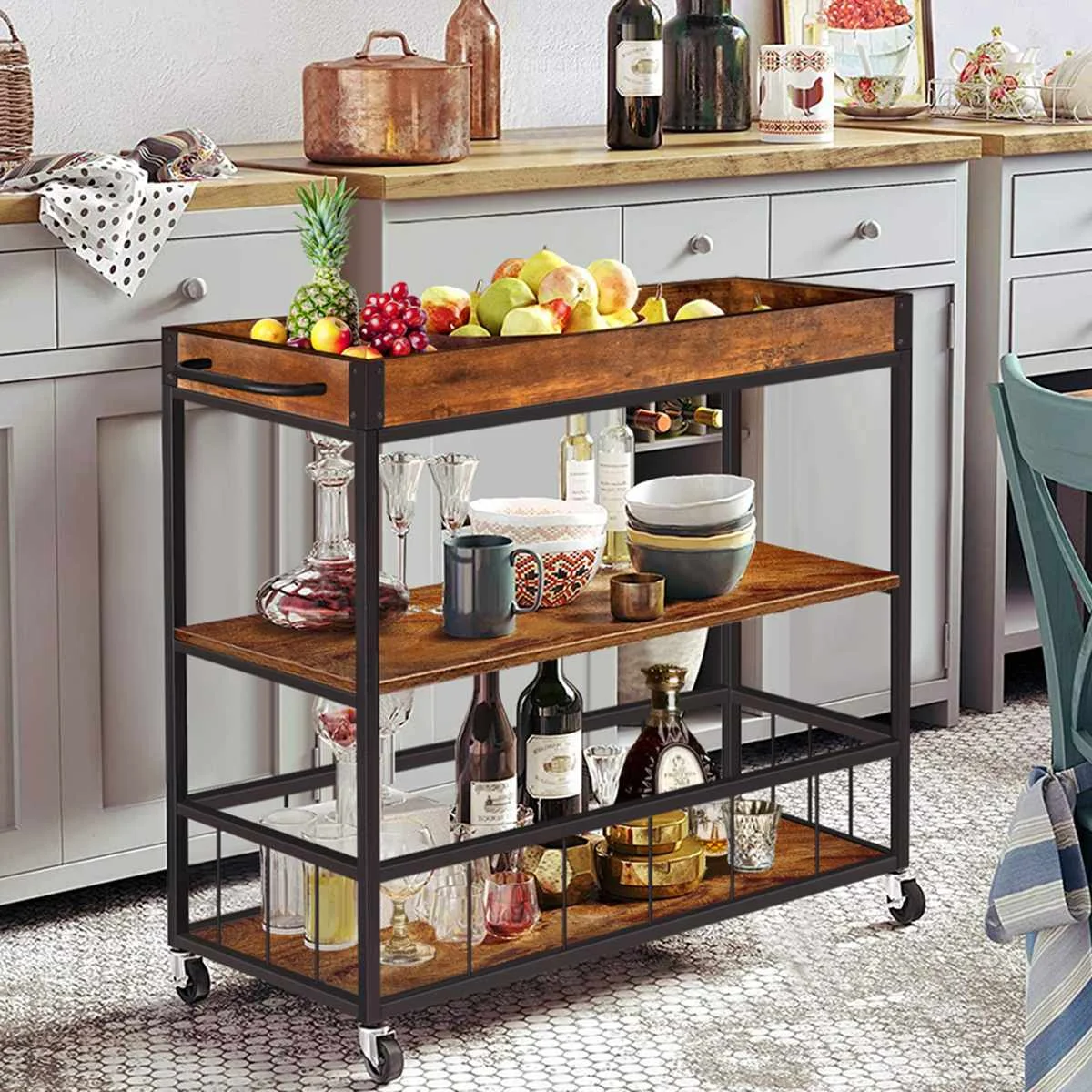 

3-Shelf Retro Utility Wooden&Metal Cart with Wheels-225 Lbs Maximum Capacity with Wine Rack