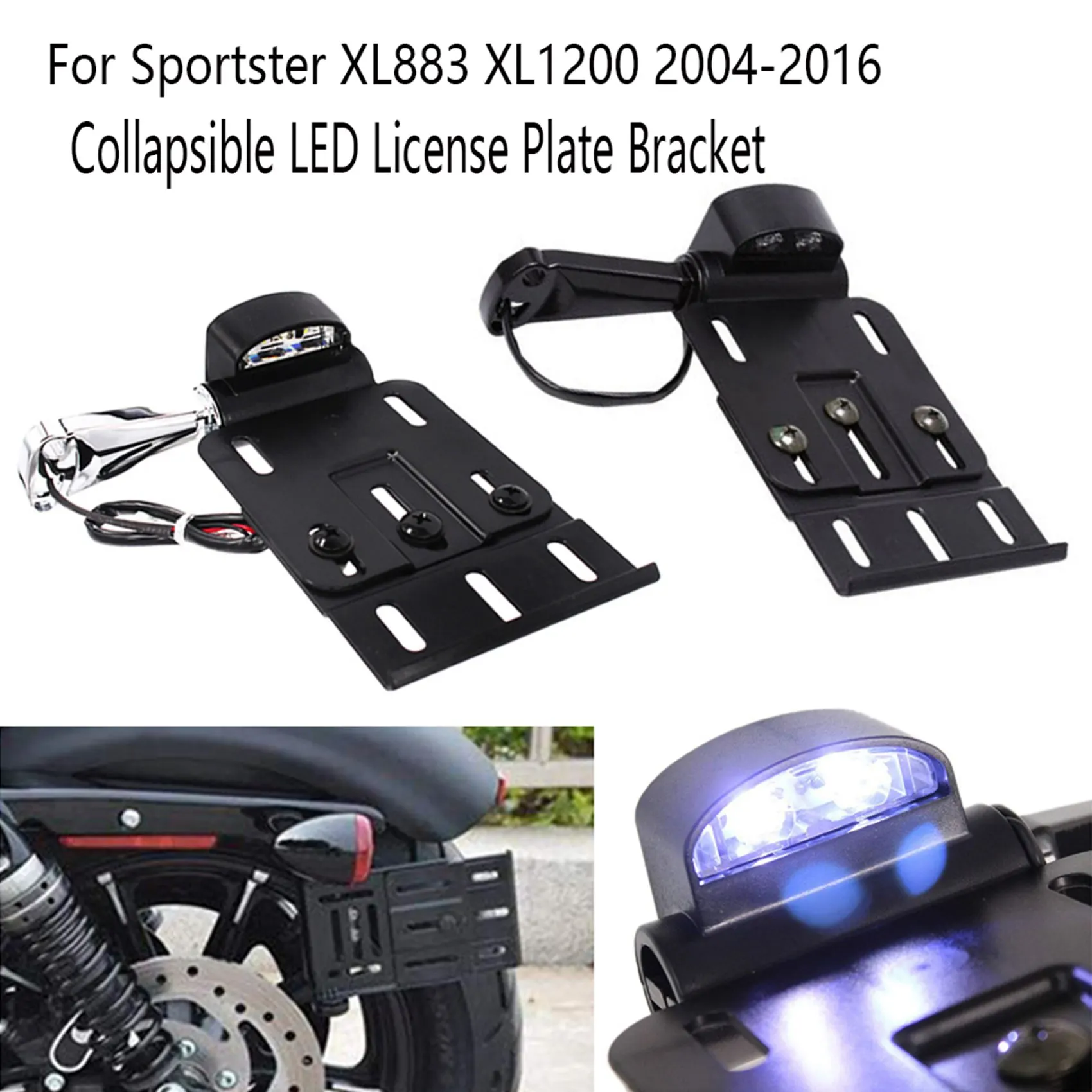 

Motorcycle License Plate Light Collapsible LED License Plate Bracket for Harley Sportster XL883 XL1200 2004-2016 Black