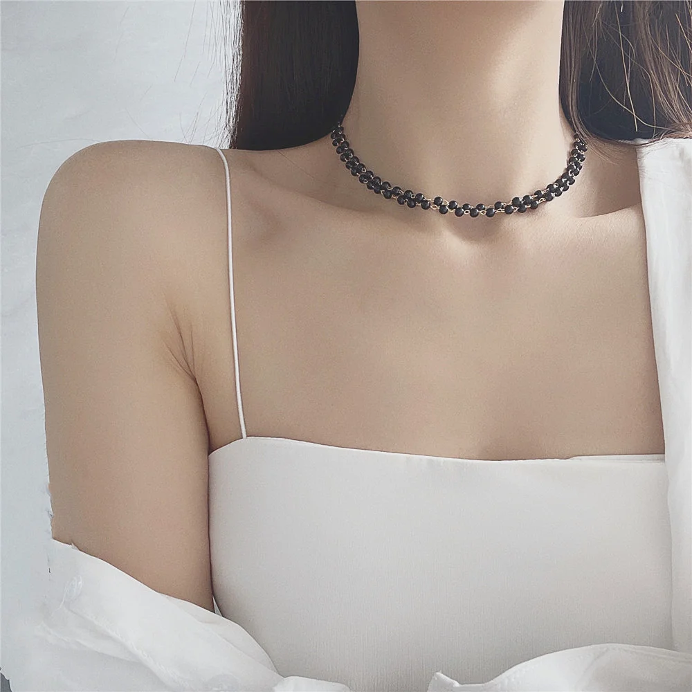 Цепочка с бусинами женская модная двухслойная цепь черным жемчугом в стиле ретро