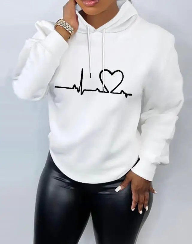 

Woman 2023 Autumn and Winter New Fashion Casual Heart Print Hooded Long Sleeved Top Female Clothing T-Shirts Pullover Sweater