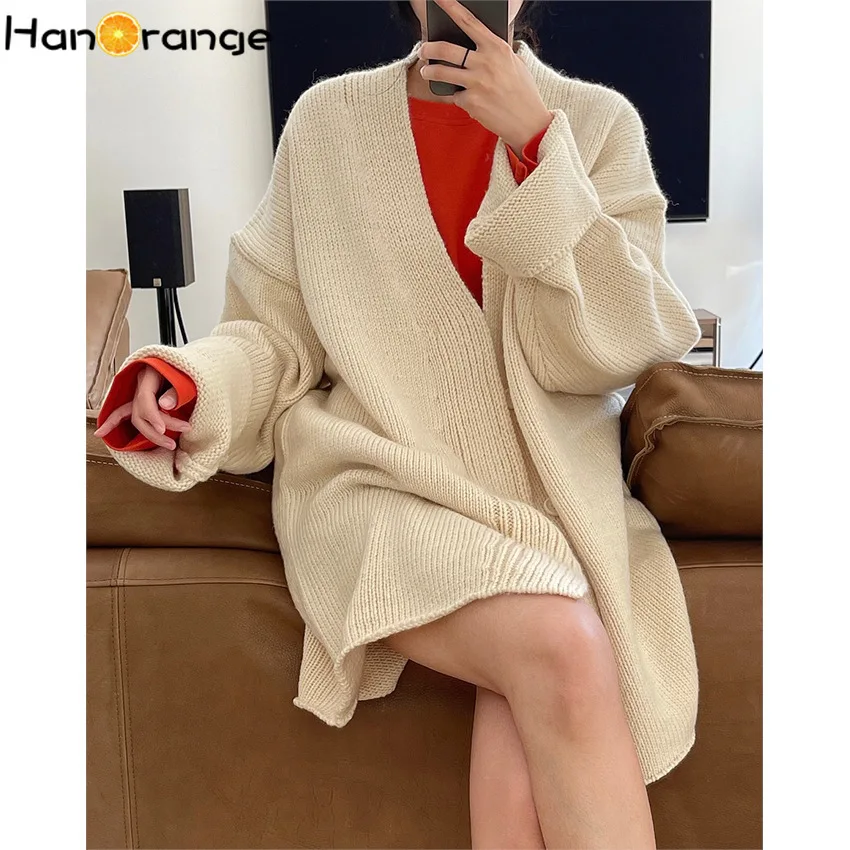 

HanOrange Heavyweight Wool Cardigan Sweater Women Spring Japanese Style Lazy Big V-neck Loose Profile Warm Knitted Top Female
