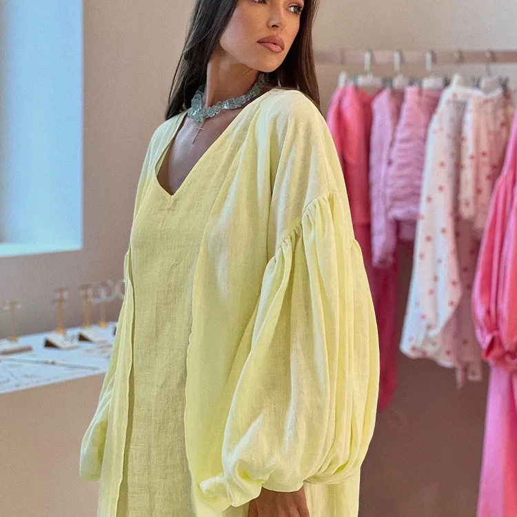 Халат женский однотонный из хлопка и льна свободный комплект 2 предметов ночная