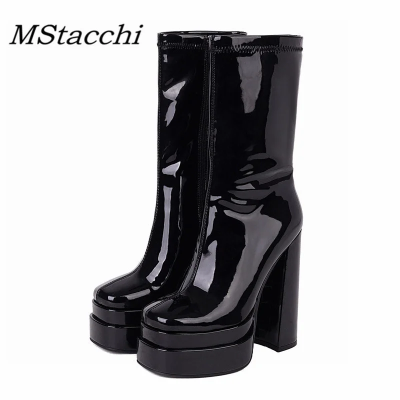 

Новые женские сексуальные короткие ботинки с крокодиловым принтом, обувь на высоком каблуке с квадратным носком для женщин, кожаные ботинки до середины икры на толстой подошве