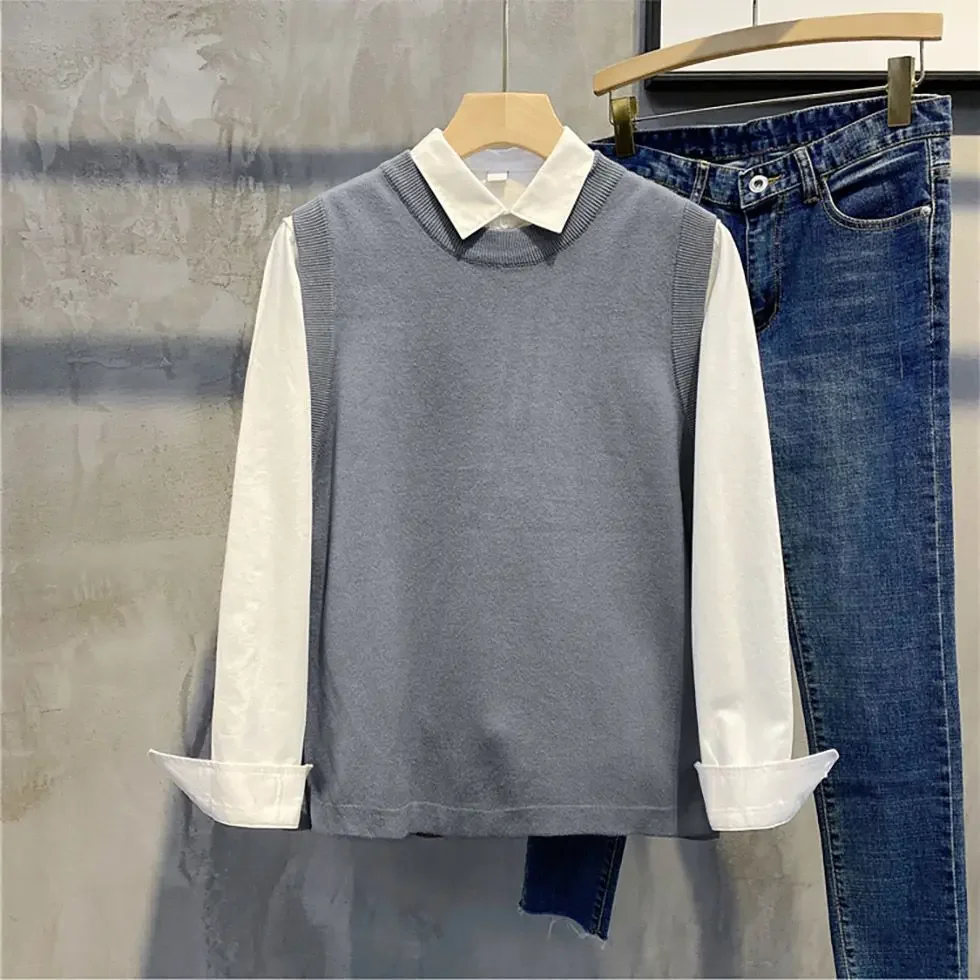 Жилет мужской однотонный с круглым вырезом деловая безрукавка вязаные свитера