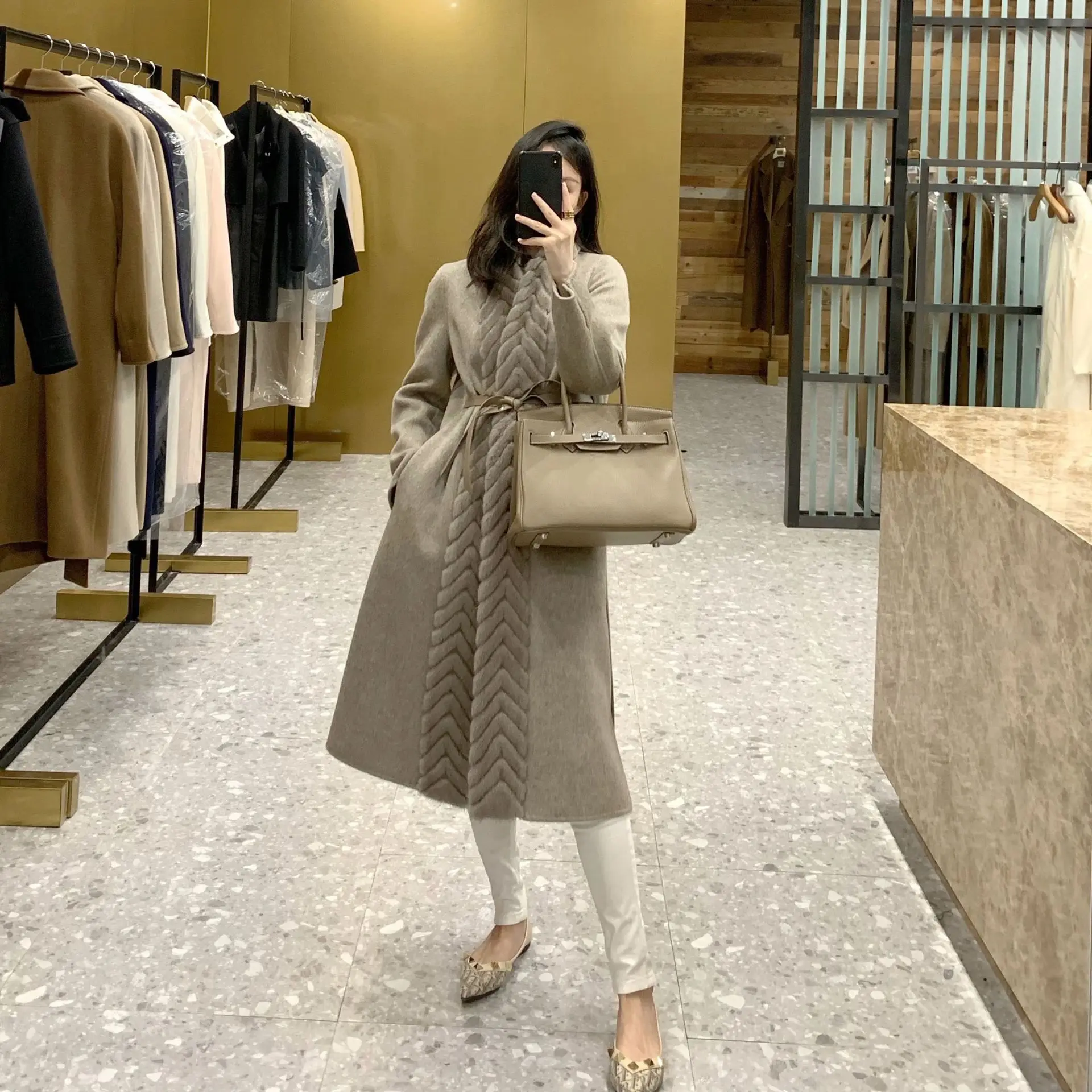 

Высококачественное двухстороннее кашемировое пальто с норковым воротником для женщин длинное и элегантное высококачественное шерстяное пальто для женщин