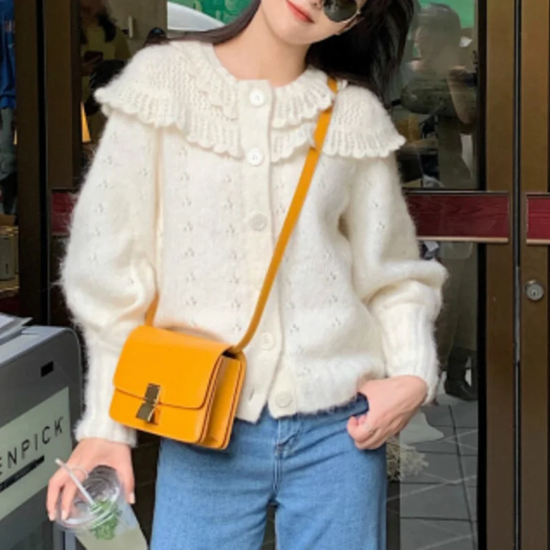 

Kawaii Sweet Ruffle Sweater White Korean Women Cardigans Knit Single Breasted Sweaters y2k Long Sleeve Knitwear 2022 Autumn New