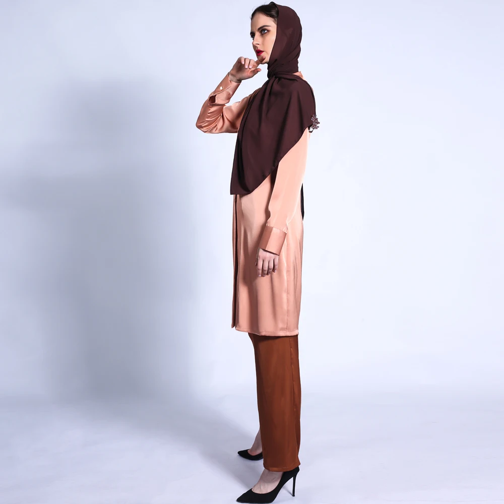 Muslim Women 2 Piece Set Casual Long Sleeve Tops Wide Leg Pants Trousers Suit Dubai Abaya Turkish Islamic Clothing