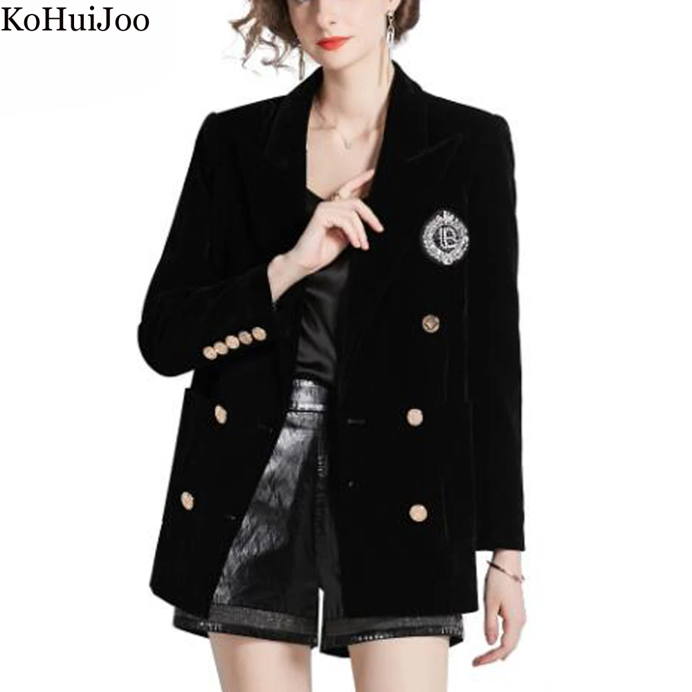 KoHuiJoo Velvet Blazer Women 2022 Black Autumn Winter Heavy Rhinestone Badge Double Breasted Slim Suit Jacket Female Formal Coat