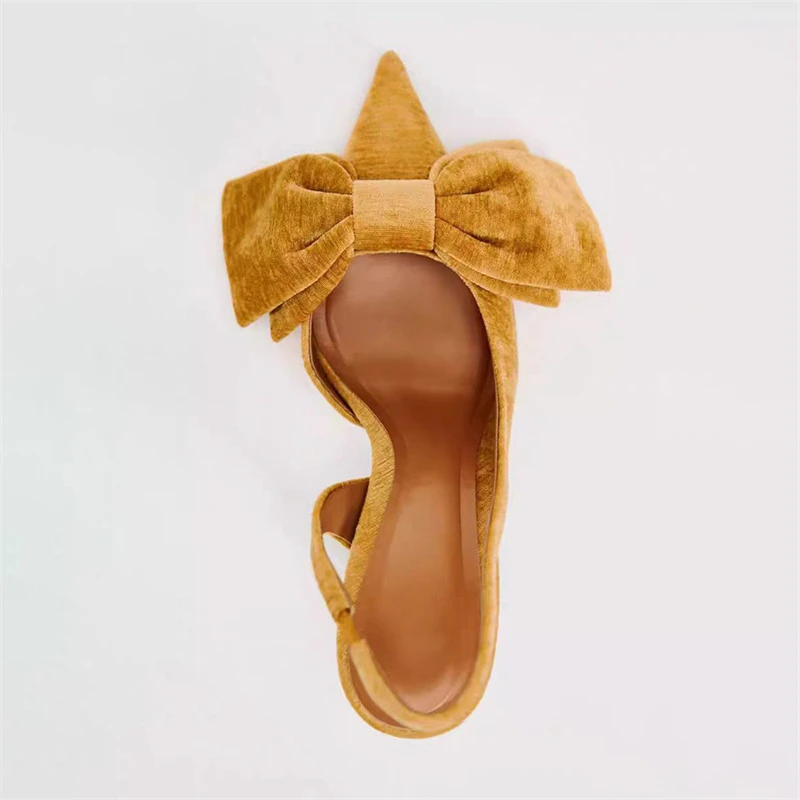 Женские бархатные туфли-лодочки на шпильке с бантом тонком высоком каблуке