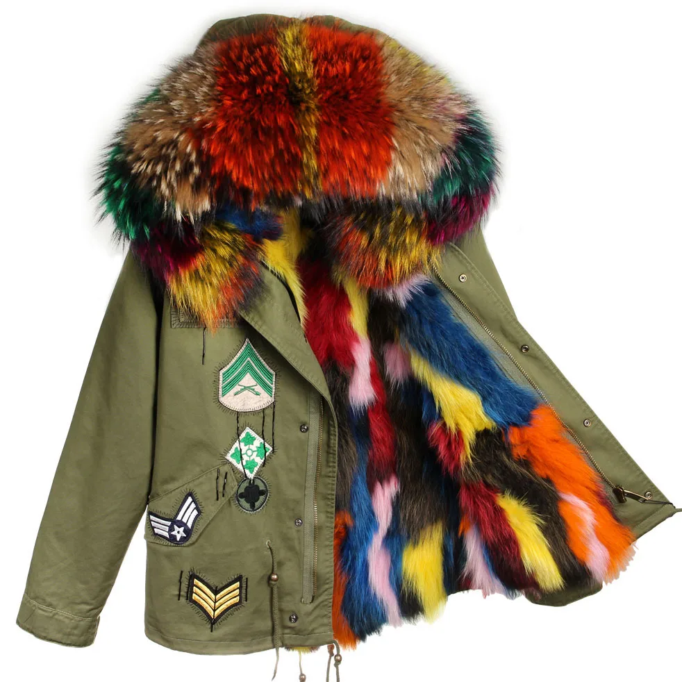 MAOMAOKONG Women's winter coats embroidery fur coat Natural real fox fur removable lining Fur collar parka jacket