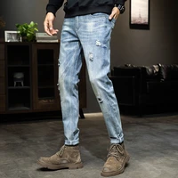 korean fashion streetwear cotton mens jeans man hole denim pants classic clothes overalls straight trousers for men large size