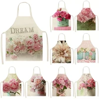 hot sale new pink rose flower pattern kitchen sleeveless apron cotton linen bib household ladies antifouling clean cooking apron
