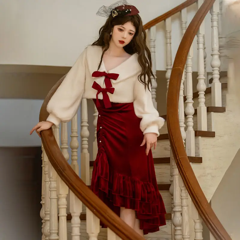 

French Retro Sexy Suspender Skirt Elegant Dress Birthday Party Christmas Dress Mermaid Skirt Autumn Two-piece Set Vestidos
