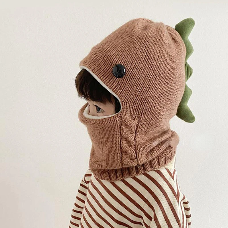 

Hot Sale Winter Knit Baby Knitted Hat Scarf One-piece Hats Kids Girl Boy Beanies Caps Warm Dinosaur Earflap Hats for Children
