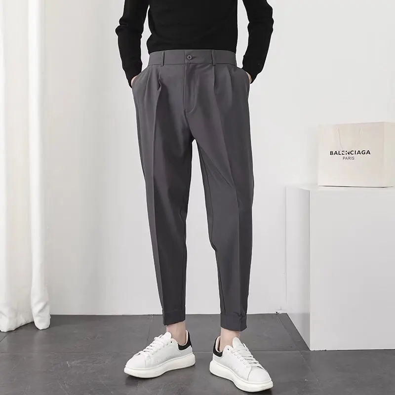 

Брюки брюки с небольшой талией Блейзер повседневные мужские брюки уличная одежда эластичные плиссированные модные стильные зауженные корейские