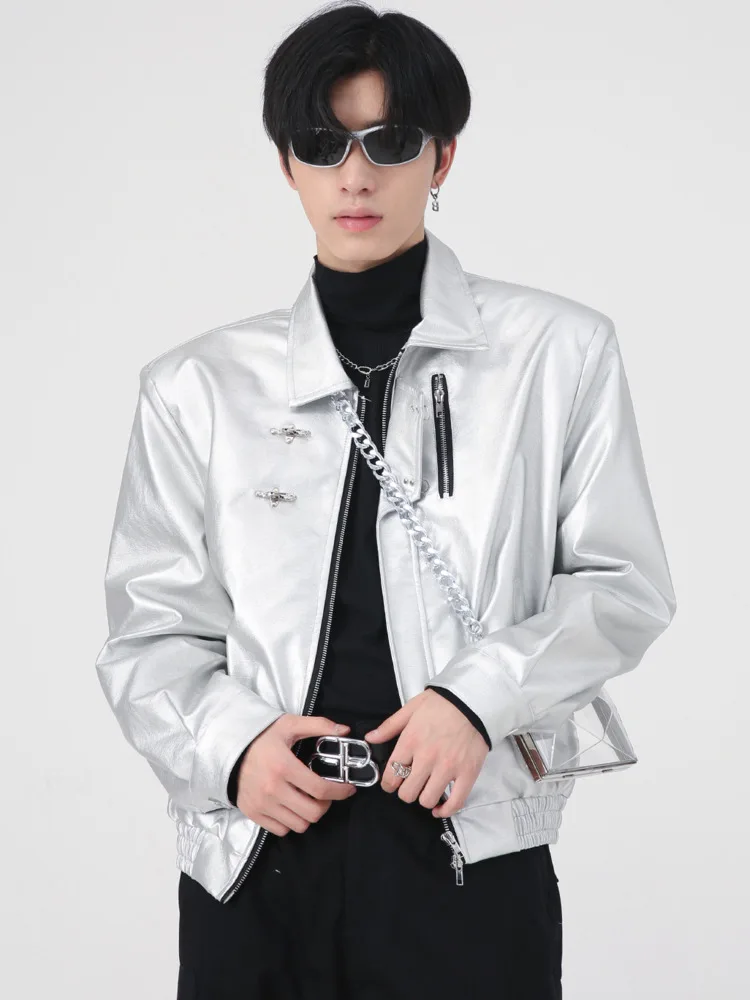 

SYUHGFA Men Clothing Zipper Metal Button PU Leather Jacket Korean Fashion Autumn 2022 Vintage High Quality Shoulder Pads Coat