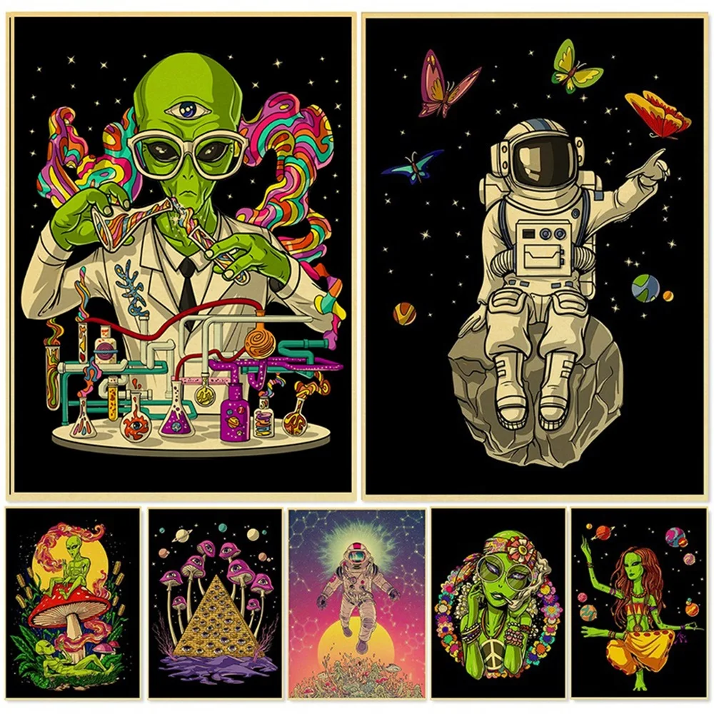 

Современная психоделическая живопись на холсте Инопланетянин, Забавный космос, астронавт, плакаты и принты, Настенная картина для гостиной...