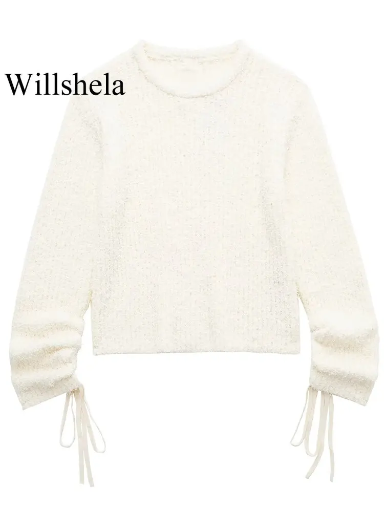 

Willshela Women Fashion Faux Fur Beige Lace Up Pullovers Sweatshirt Vintage Long Sleeves O-Neck Female Chic Lady Outfits