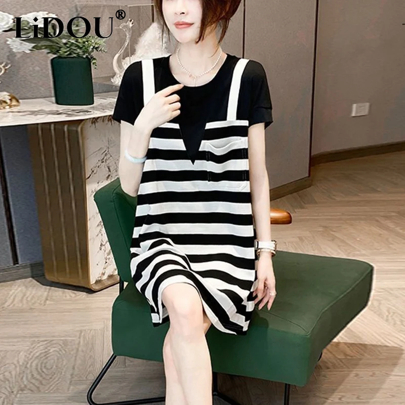 

Summer New Striped Patchwork Fake Two Piece Short Sleeve T-shirt Dress Lady Casual Fashion A-line Mini Robe Vestidos De Fiesta