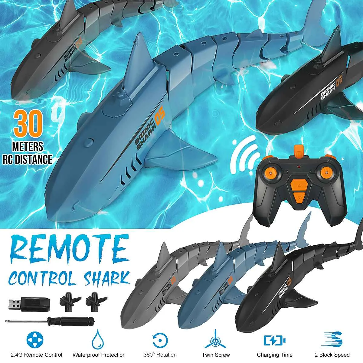 

2.4G RC Shark Electric Simulation Waterproof RC Fish Boat Robot Radio Remote Control Swimming Animal Bathtubs Toys For Children